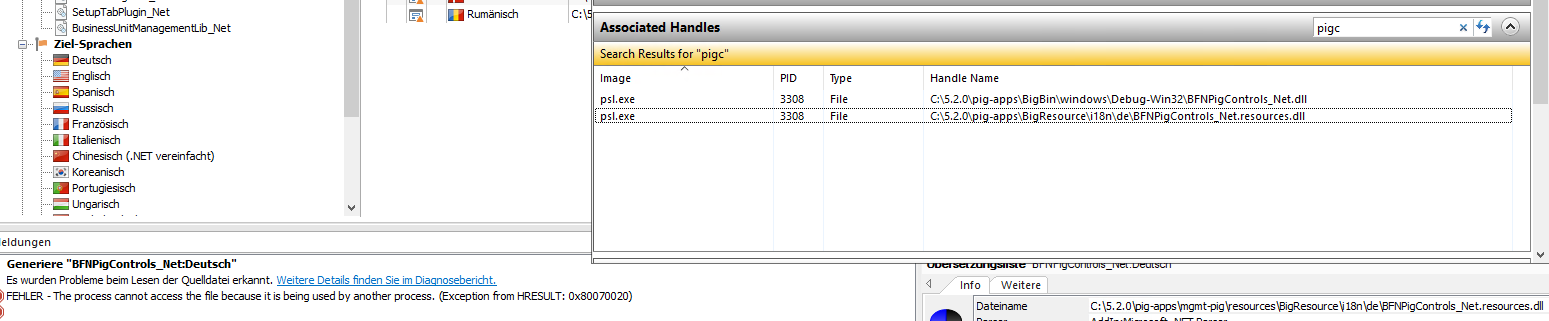 Trados Studio error message stating 'The process cannot access the file because it is being used by another process' with psl.exe having handles on the .NET resource files.