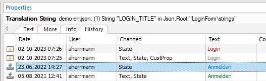 Trados Studio History tab showing a list of changes made to the 'LOGIN_TITLE' string, with the most recent change highlighted in blue.