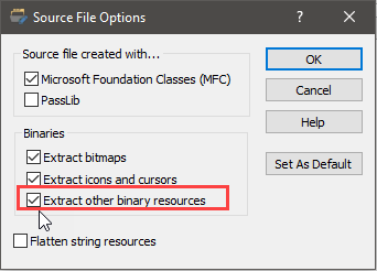 Trados Studio Source File Options dialog box with 'Extract other binary resources' option checked and highlighted in red.