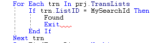 Screenshot of Trados Studio code snippet showing a loop to iterate over translation lists and find a list by ID comparison, with a red squiggly line indicating an error at 'Exit' statement.