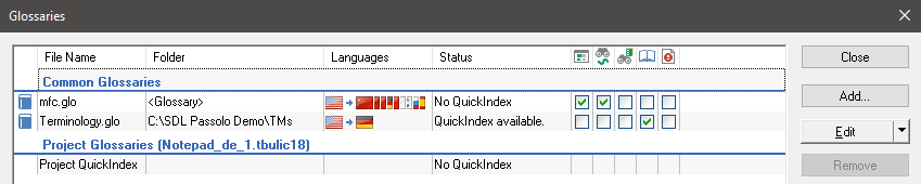 Screenshot of the Glossaries window in Passolo showing a list of glossaries with their file names, folders, languages, and status indicating 'No QuickIndex' and 'QuickIndex available'.