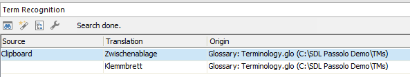 Screenshot of the Term Recognition window in Passolo displaying the source term 'Clipboard' and the corresponding translations 'Zwischenablage' and 'Klemmbrett' with their origin from the glossary file.