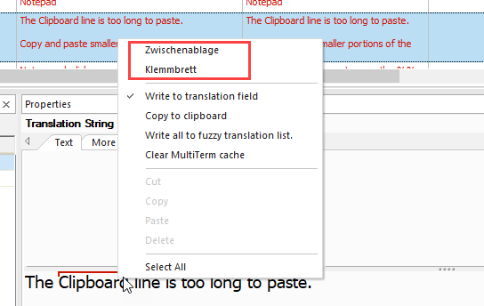 Screenshot of an error message in Passolo stating 'The Clipboard line is too long to paste.' with two target terms 'Zwischenablage' and 'Klemmbrett' highlighted in red.