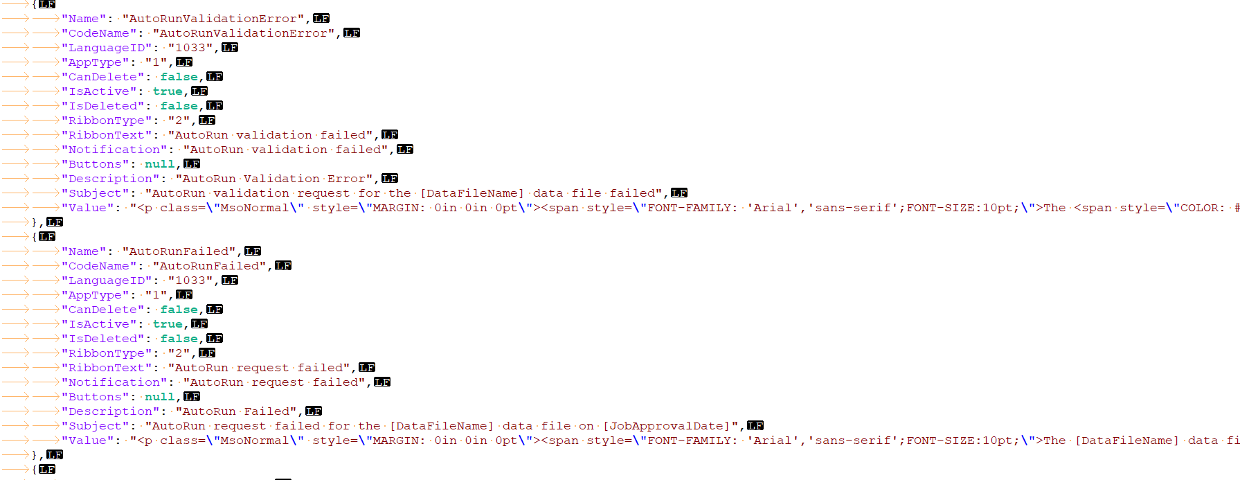 Screenshot of a JSON file with multiple objects, highlighting the object with 'Name': 'AutoRunValidationError'. Fields like 'RibbonText', 'Notification', and 'Description' contain error messages.