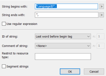 Screenshot of a Passolo 2022 parser configuration window with fields for string begins with, string ends with, and ID of string.