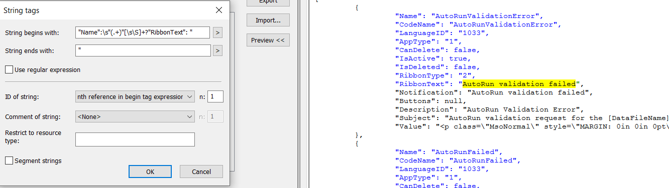 Screenshot of a Passolo 2022 parser configuration window showing a regular expression used to define the beginning of a string and the ID of the string.