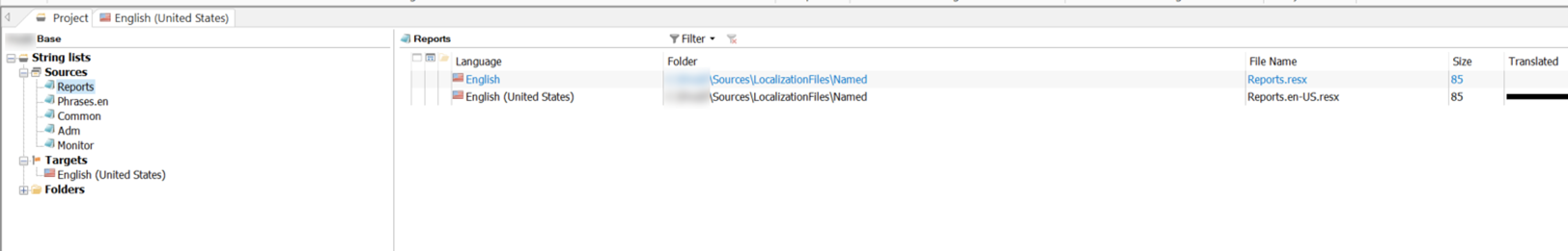 Screenshot of a localization software interface showing 'Reports.resx' and 'Reports.en-US.resx' files in the 'English (United States)' target language folder, both with a size of 85.