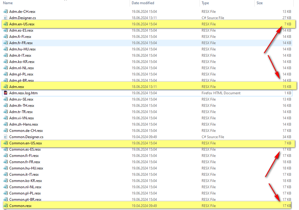 File explorer window with a list of '.resx' files, highlighting size discrepancies between 'Adm.en-US.resx' at 7KB and 'Adm.resx' at 15KB.