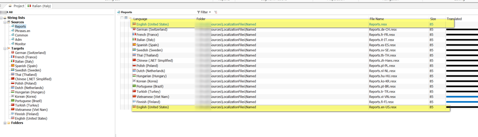 Localization software interface displaying a list of 'Reports' files for various languages under 'String lists' with 'English (United States)' highlighted, all files are 85 in size.
