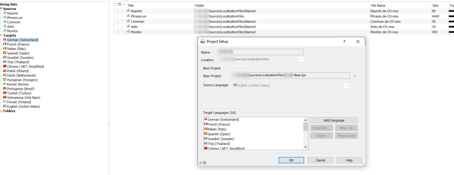 Project setup dialog box in localization software with 'English (United States)' selected as the source language and a list of target languages.