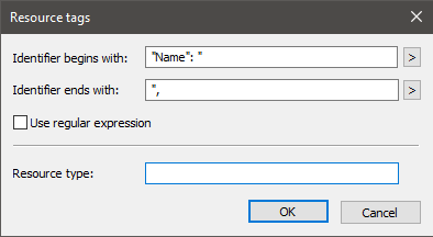 Dialog box titled Resource tags with fields for Identifier begins with, ends with, a checkbox for Use regular expression, a blank Resource type field, and an OK button.