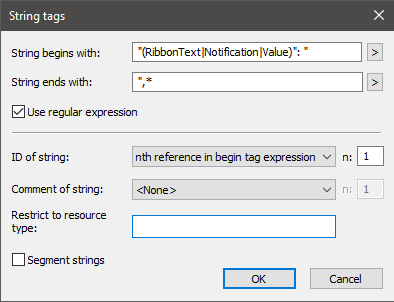 Dialog box titled String tags with fields for String begins with, ends with, checkboxes for Use regular expression and Segment strings, dropdowns for ID of string and Comment of string, and an OK button.