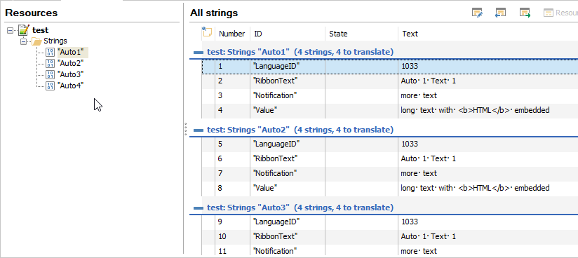 Screenshot of a software interface showing a Resources panel with a tree view of items labeled test Strings Auto1 to Auto4, and an adjacent panel listing All strings with columns for Number, ID, State, and Text.