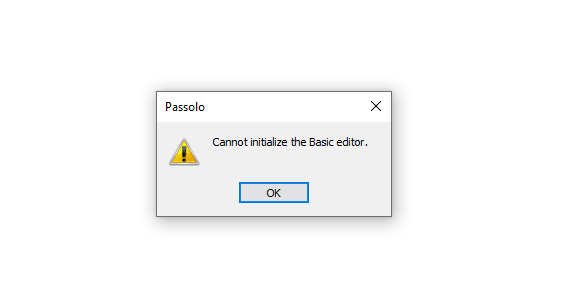 Error dialog box from Passolo with a warning icon and message 'Cannot initialize the Basic editor.' with an OK button.