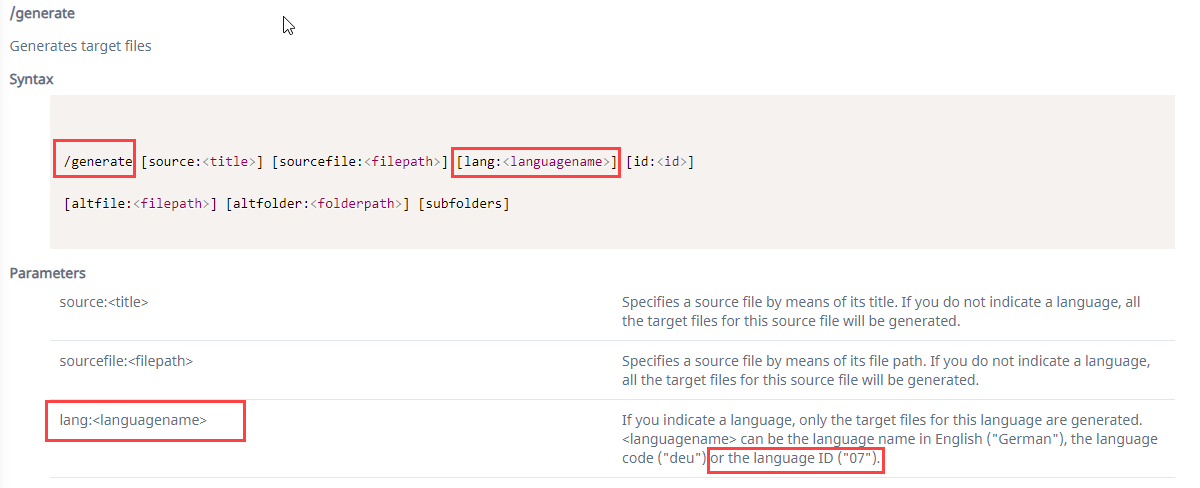 Screenshot of a software documentation page showing the syntax and parameters for the generate command. Highlighted section indicates the lang parameter usage with examples 'deu' for German and '07' for language ID.