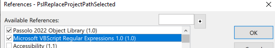 Screenshot of a References dialog box with 'Microsoft VBScript Regular Expressions 1.0' selected in the Available References list.