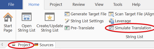 Screenshot of Passolo 22.0.207.0 software with the 'Home' tab active. Highlighted are the 'Project' tab on the lower navigation pane and the 'Simulate Translation' button on the upper toolbar.