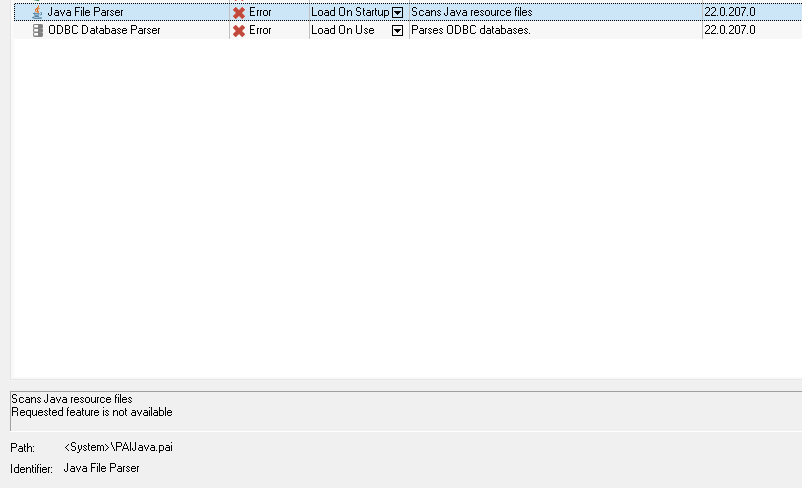 Screenshot of a software interface showing two error messages. The first error is for 'Java File Parser' with a message 'Requested feature is not available'. The second error is for 'ODBC Database Parser'. Both have 'Error' icons and checkboxes for 'Load On Startup' and 'Load On Use'.