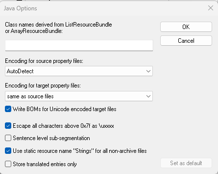 Java Options dialog box with settings for class names, encoding for source and target property files, and options like Write BOMs, Escape characters, Sentence level sub-segmentation, Use static resource name, and Store translated entries only.