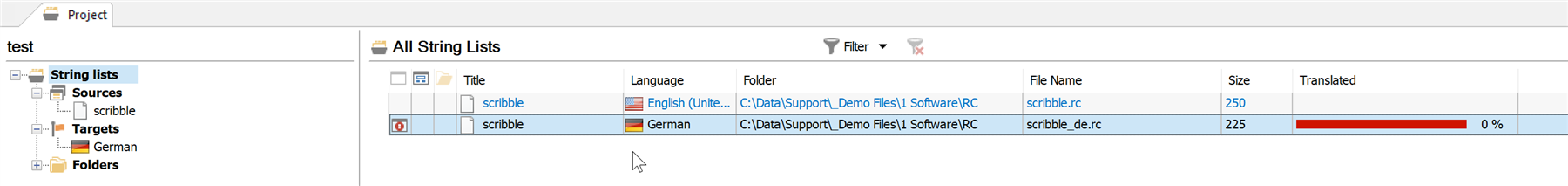 Screenshot of a software interface showing a project named 'test' with a 'String lists' section. It lists two files named 'scribble' with languages English (United States) and German, file paths, file names 'scribble.rc' and 'scribble_de.rc', sizes 250 and 225, and a translation progress bar at 0% for German.