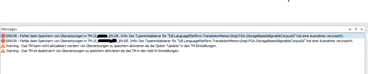 Error messages in German displayed in the Messages panel, including errors about saving translations and warnings about TM being deactivated or not updated.