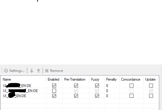 Translation Memory Setup table showing three TMs with columns for Enabled, Pre-Translation, Fuzzy, Penalty, Concordance, and Update. Some options are unchecked.