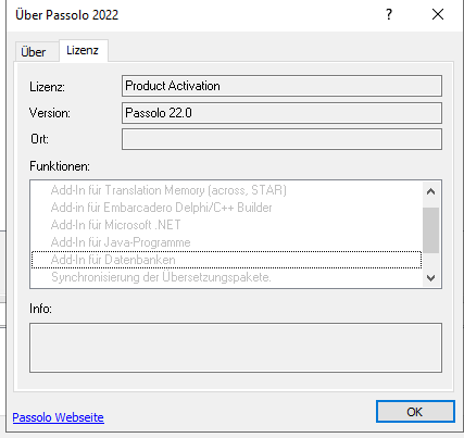 Screenshot of the 'About Passolo 2022' window showing license information, version as Passolo 22.0, and a list of add-ins including 'Add-In for Databases' highlighted.