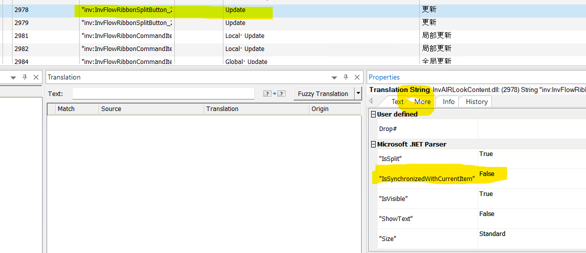 Screenshot showing a translation tool interface. The highlighted text includes 'Update' and 'IsSynchronizedWithCurrentItem' set to 'False' in the 'More' tab under 'Microsoft .NET Parser'.