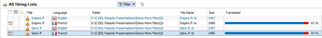 Screenshot of Trados Studio showing a list of string files with titles 'Inspire.fr' and 'Spire.fr' in both English and French, file paths, file names, sizes, and translation progress bars at 93%.