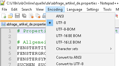 Notepad++ screenshot showing the Encoding menu with UTF-8 selected for abfrage_artikel_de.properties file.