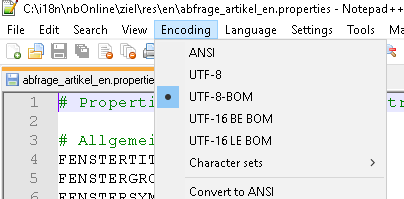 Notepad++ screenshot showing the Encoding menu with UTF-8 selected for abfrage_artikel_en.properties file.