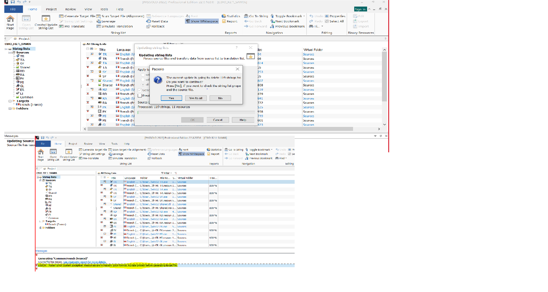 Screenshot of Passolo 2022 software with an error message dialog box stating 'Updating string lists' and 'The current update is going to delete 119 strings from the source list. Do you want to continue?' with options to choose 'Yes to all' or 'No'. Below is a message 'Generating 'CommonMethods (branch)' and an error 'Source file has parser, item description: Resources are in Passolo 2009 format, Update project before generating target file.'