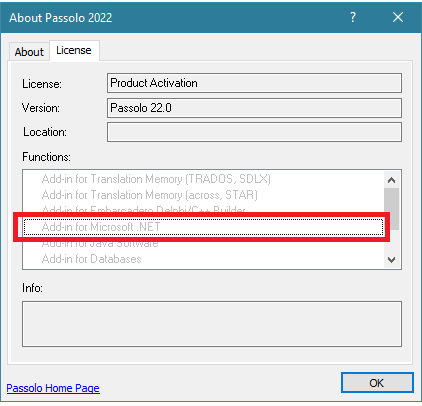 About dialog of Passolo 2022 displaying the license information and listing 'Add-in for Microsoft .NET' among other functions.