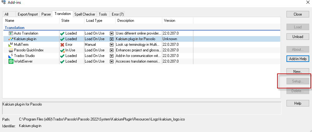 Passolo Add-ins manager interface showing a list of plugins with their states, load types, and descriptions. The 'Setup' button is highlighted in the bottom-right corner.