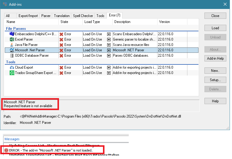 Passolo 2022 Add-ins dialog showing error messages for multiple file parsers including 'Microsoft .NET Parser' with a message 'Requested feature is not available'.