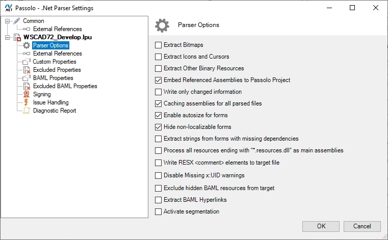 Screenshot of .NET Parser Settings window in Passolo with options such as Extract Bitmaps, Extract Icons, and Enable autosize for forms.