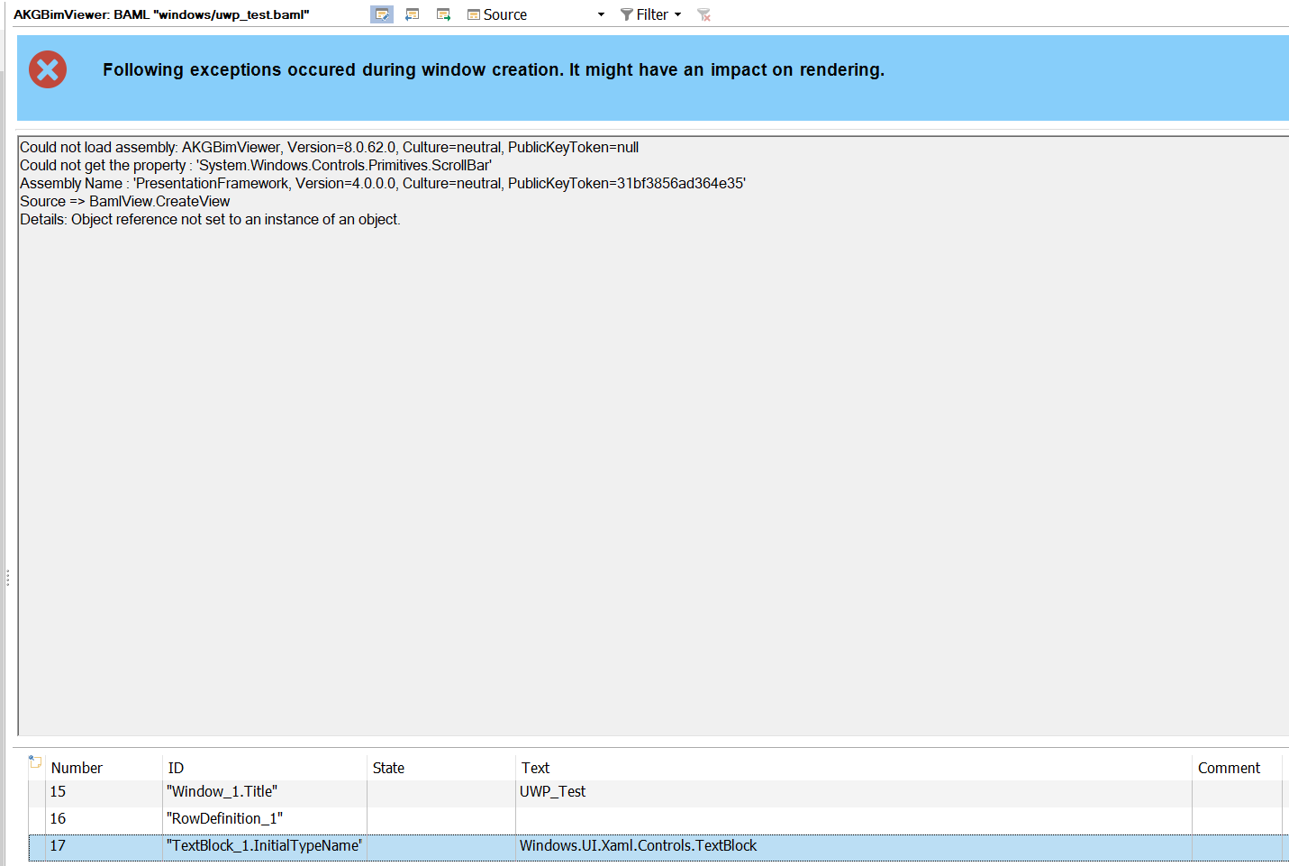 Error message in AKGBimViewer stating 'Following exceptions occurred during window creation. It might have an impact on rendering.' with details about assembly loading failure.