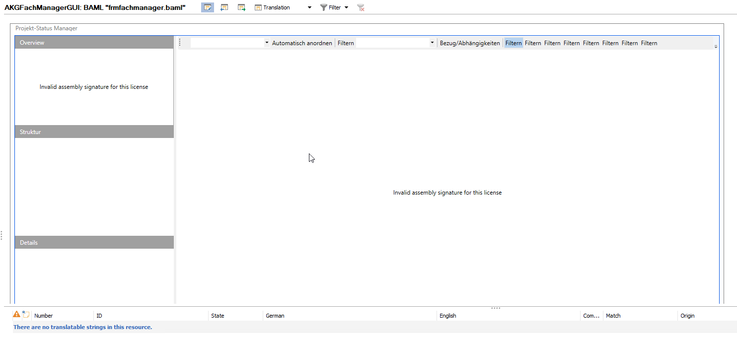 Screenshot of Passolo 2022 with .NET Add-In showing 'AKGFachManagerGUI: BAML' window with an error message 'Invalid assembly signature for this license' and a status message 'There are no translatable strings in this resource.'