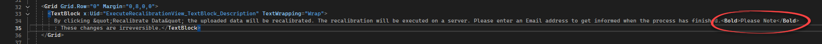 Screenshot of XAML code with a TextBlock element. The text includes bold markup around 'Please Note' which is not recognized in Passolo.