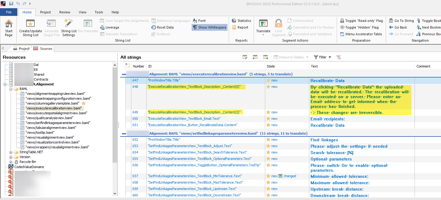 Screenshot of Passolo 2022 Professional Edition showing the 'All strings' list with missing string in bold not listed for translation.