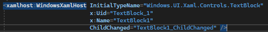 Code snippet showing XamlHost with InitialTypeName 'Windows.UI.Xaml.Controls.TextBlock' and properties 'x:Uid', 'x:Name', and 'ChildChanged'.