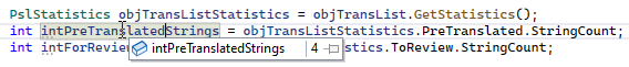 Visual Studio debugger showing PslStatistics COM object with incorrect count of 4 strings for both Pre-translated and For review categories.