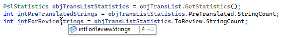 Close-up of Visual Studio debugger highlighting the incorrect string count for For review category, showing 4 instead of 0.
