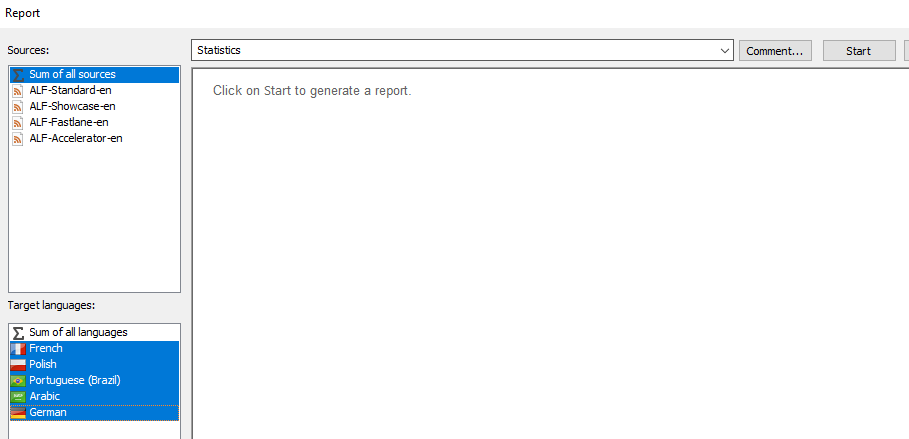 Trados Studio Report dialog showing options for sources and target languages. 'Sum of all sources' is selected with sub-options for different ALF projects. 'Sum of all languages' is selected with individual languages listed below including French, Polish, Portuguese (Brazil), Arabic, and German.