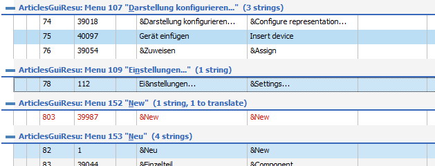 Screenshot of Trados Studio translation list with manually selected strings highlighted, showing menu items in German and their English translations.