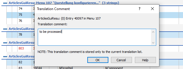 Popup window in Trados Studio for adding a translation comment, with the comment 'to be processed' entered for a selected string in Menu 107.
