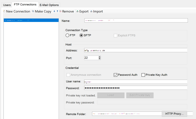 Screenshot of an FTP Connections configuration window with options for New Connection, Make Copy, Remove, Export, and Import. Fields for Name, Connection Type (FTP, SFTP, Explicit FTPS), Host Address, Port, Credentials (Anonymous, Password Auth, Private Key Auth), User name, Password, and Remote Folder are visible. A warning indicates 'Private key not loaded.'