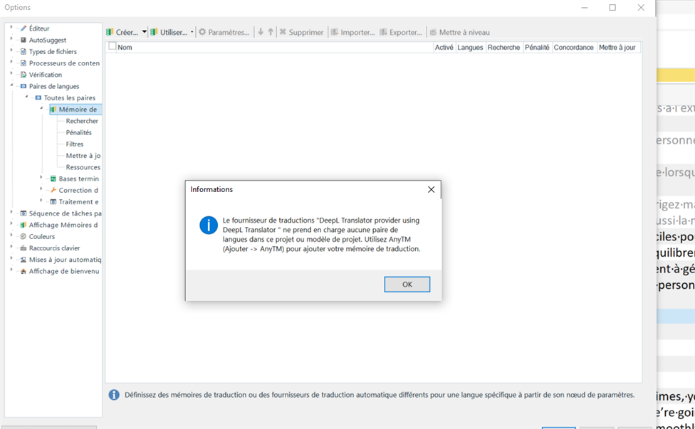 Screenshot of an error message in a software application. The message reads: 'The translation provider DeepL Translator provider using DeepL Translator does not support any language pair in this project or project template. Use AnyTM to add your translation memory.' An OK button is available to dismiss the message.