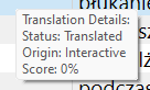 Close-up of Trados Studio Translation Details showing Status: Translated, Origin: Interactive, Score: 0%.