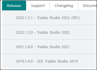 Screenshot of a webpage with tabs for Releases, Support, Changelog, and Documentation. The Releases tab is selected, showing a list of Trados Studio versions: 2022.1.2.1, 2022.1.2.0, 2021.1.4.0, and 2019.1.4.0.